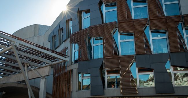 The Scottish Parliament in sunshine