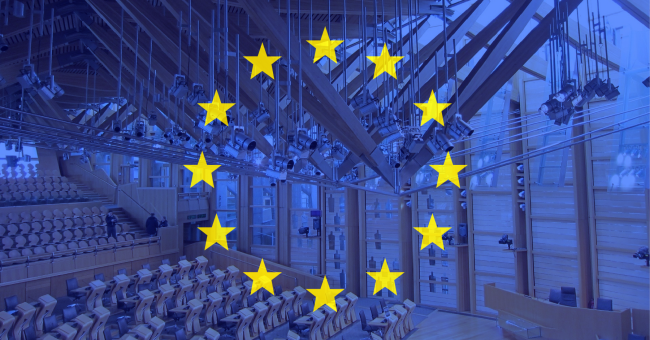 Debating Chamber at the Scottish Parliament with EU flag